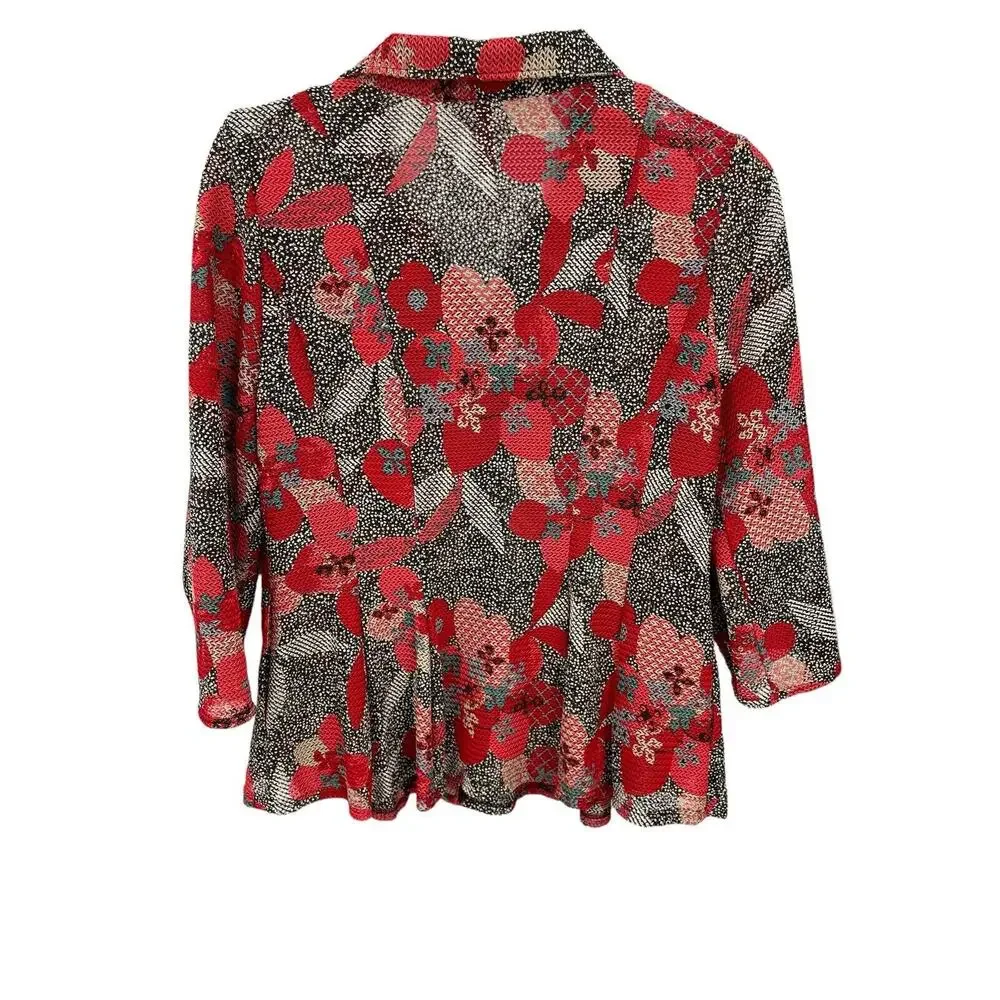 IC By Connie K Jacket Topper Red Floral Zip Front 3/4 Sleeves Size Large